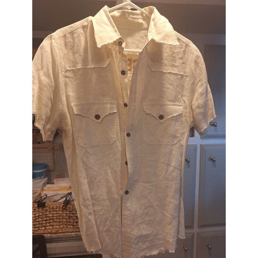 Vintage Persevere 1998 Graphic Linen Button Up Shirt Mens M Retro Style